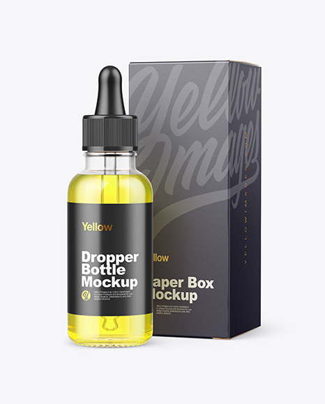 Clear Glass Dropper Oil Bottle w/ Paper Box Mockup