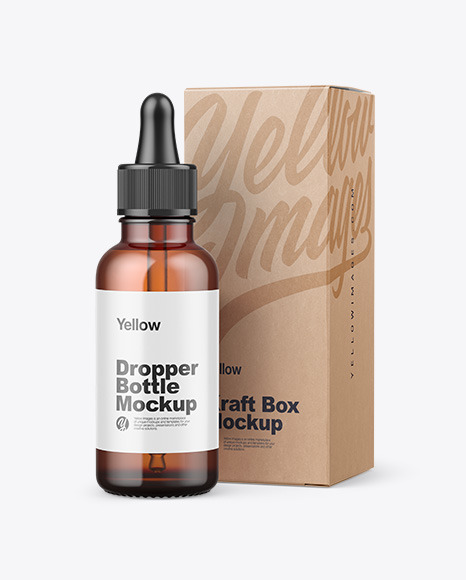 Amber Glass Dropper Bottle w/ Kraft Box Mockup