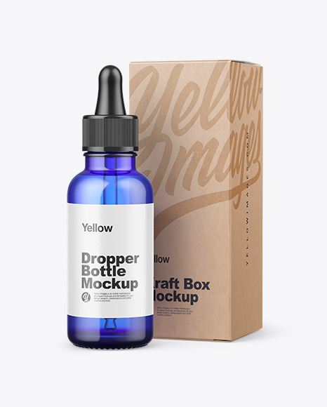 Blue Glass Dropper Bottle w/ Kraft Box Mockup