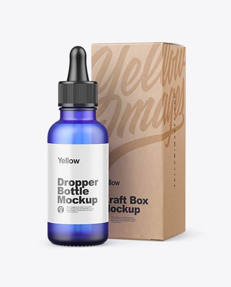 Frosted Blue Glass Dropper Bottle w/ Kraft Box Mockup
