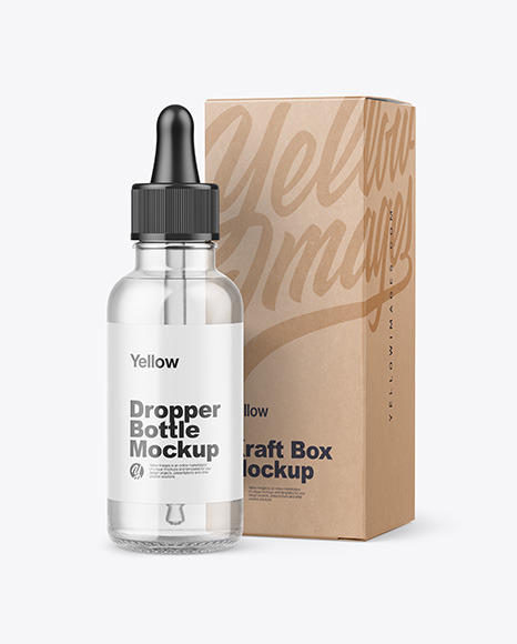 Clear Glass Dropper Bottle w/ Kraft Box Mockup