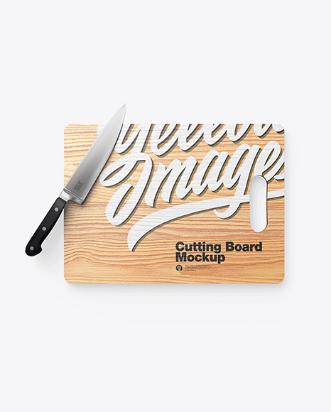 Wooden Cutting Board w/ Metallic Knife Mockup