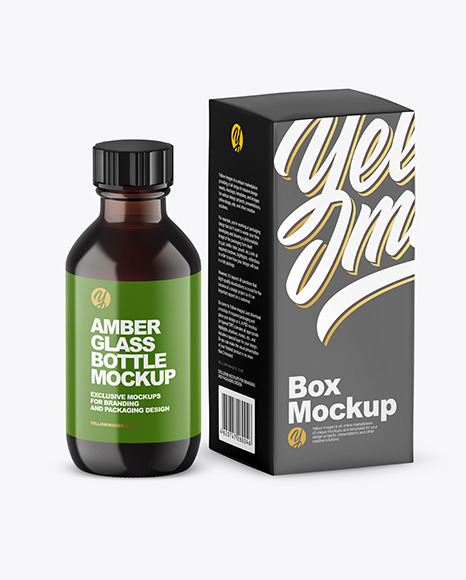 Dark Amber Glass Bottle w/ Box Mockup