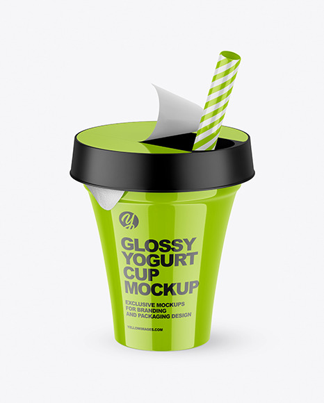 Glossy Yogurt Cup w/ Straw Mockup
