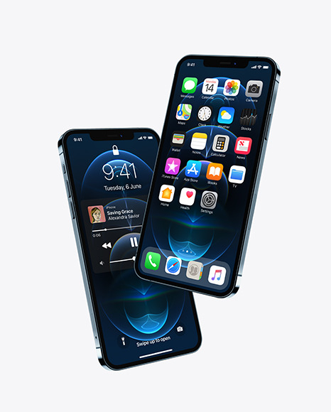Two Apple iPhones 12 Pro Max Pacific Blue Mockup
