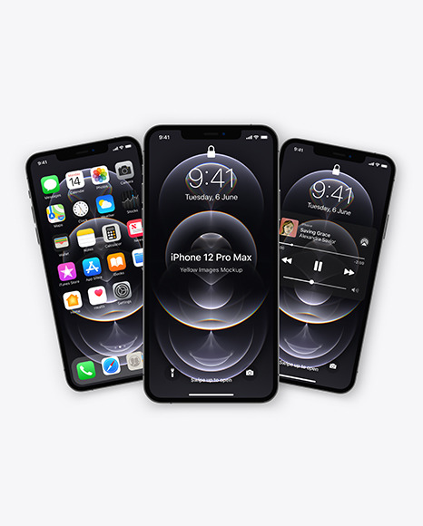 Three Apple iPhones 12 Pro Max Graphite Mockup