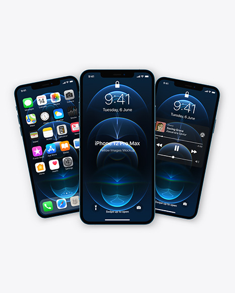 Three Apple iPhones 12 Pro Max Pacific Blue Mockup