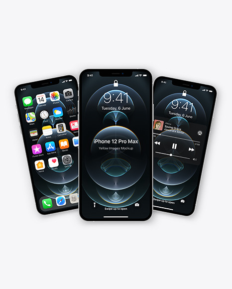Three Apple iPhones 12 Pro Max Silver Mockup