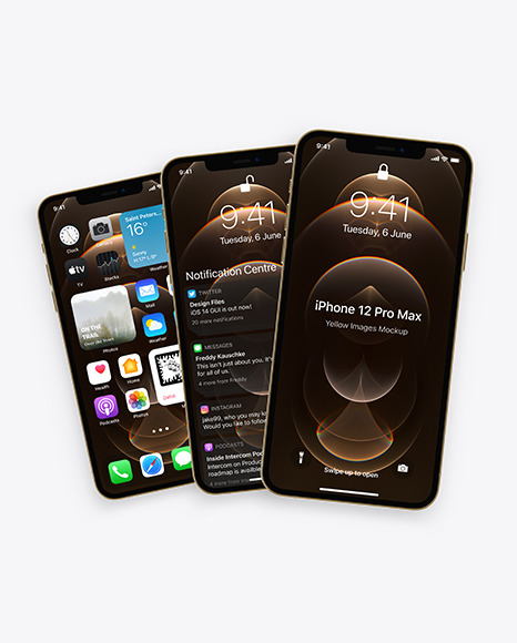 Three Apple iPhones 12 Pro Max Gold Mockup