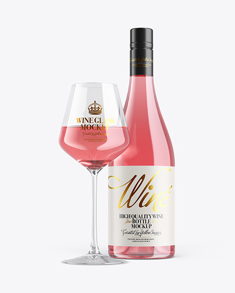 Clear Pink Wine Bottle With Glass Mockup