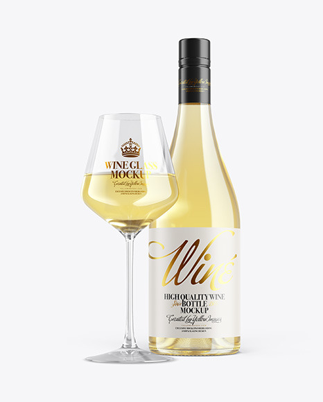 Clear White Wine Bottle With Glass Mockup