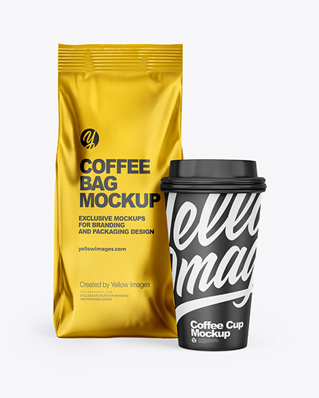 Metallic Coffee Bag with Cup Mockup
