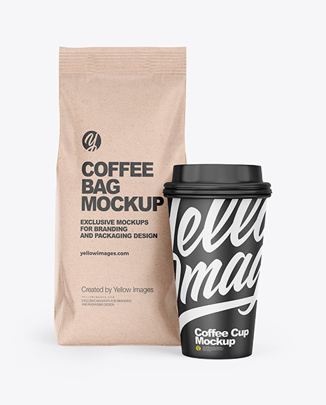 Kraft Coffee Bag with Cup Mockup - Front View