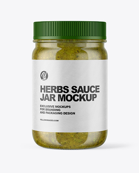 Clear Glass Jar with Spicy Herbs Sauce Mockup
