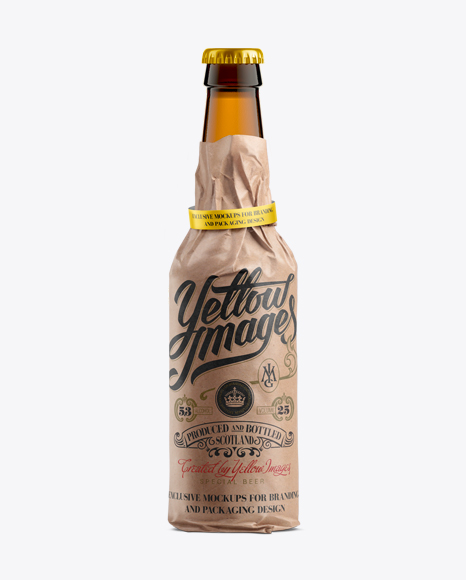 33cl Long Neck Amber Bottle Wrapped in Kraft Paper with Ribbon Mockup