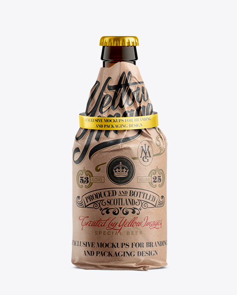 33cl Steinie Beer Bottle Wrapped in Kraft Paper with Ribbon Mockup
