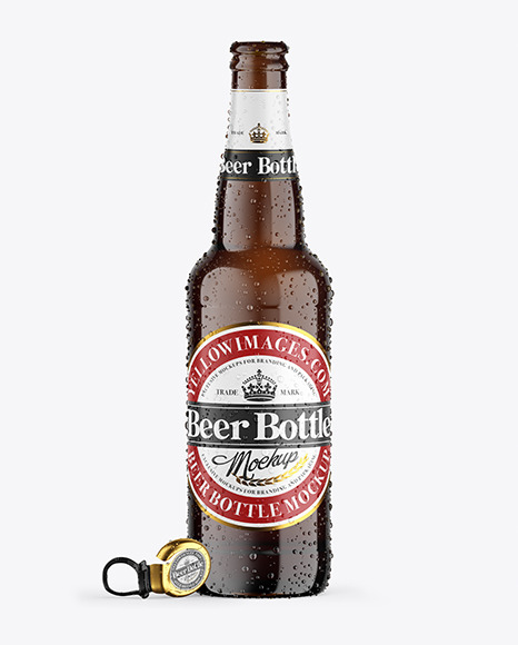Amber Glass Lager Beer Bottle w/ Condensation Mockup