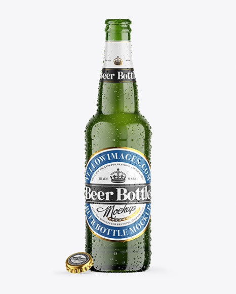 Green Glass Lager Beer Bottle w/ Condensation Mockup