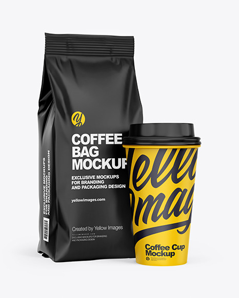 Matte Coffee Bag with Cup Mockup – Half Side View