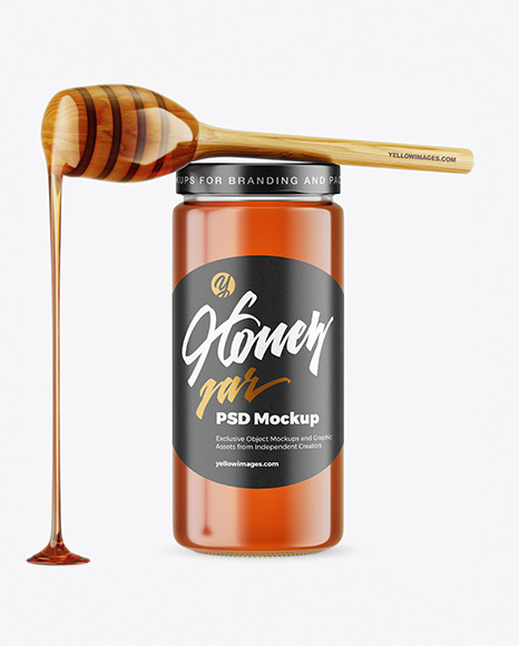 Clear Glass Honey Jar with Wooden Dipper Mockup