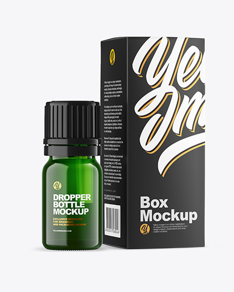 Green Glass Bottle with Box Mockup