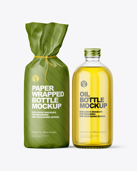 Glass Oil Bottle With Paper Wrapping Packaging Mockup