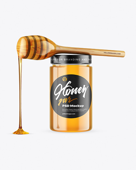 Clear Glass Honey Jar with Wooden Dipper Mockup