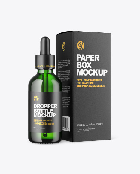 Green Glass Dropper Bottle with Paper Box Mockup