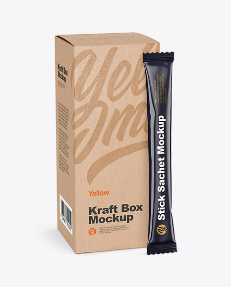 Glossy Stick Sachet w/ Kraft Box Mockup