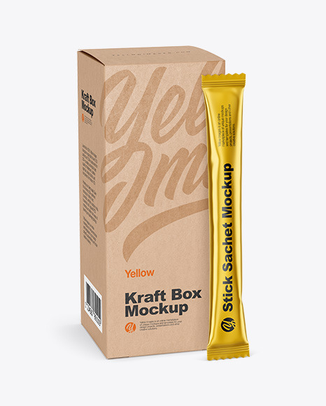 Matte Metallic Stick Sachet w/ Kraft Box Mockup