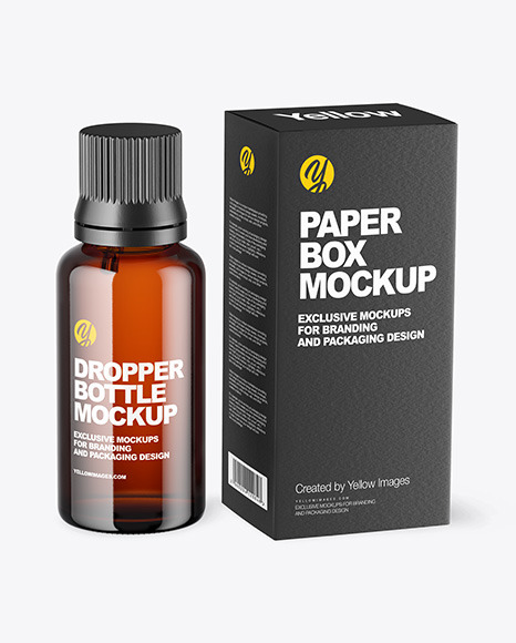 Amber Glass Dropper Bottle with Paper  Box Mockup