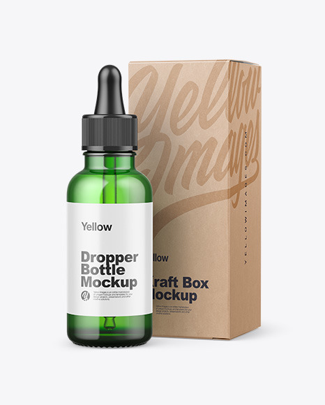 Green Glass Dropper Bottle w/ Kraft Box Mockup