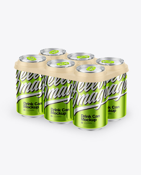 6 Pack Metallic Cans with Holder Mockup