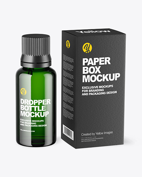 Green Glass Dropper Bottle with Paper Box Mockup