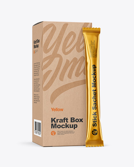 Matte Metallic Stick Sachet w/ Kraft Box Mockup
