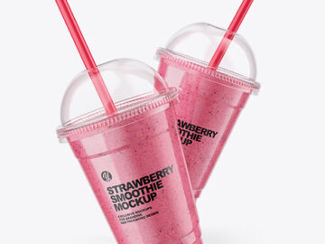 Two Strawberry Smoothie Cups Mockup