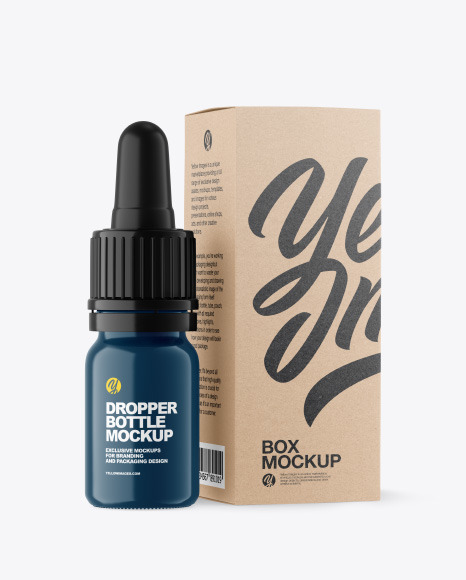 Glossy Dropper Bottle w/ Kraft Box Mockup