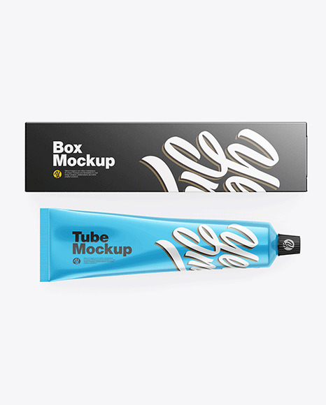 Box w/ Glossy Metallic Cosmetic Tube Mockup