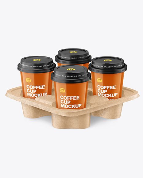 Glossy Coffee Cups in Kraft Paper Holder Mockup