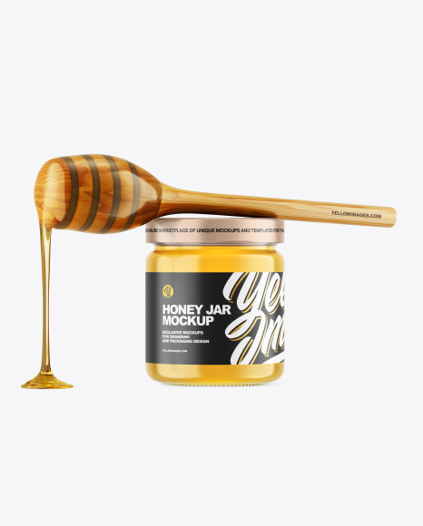 Clear Glass Honey Jar w/ Wooden Dipper Mockup
