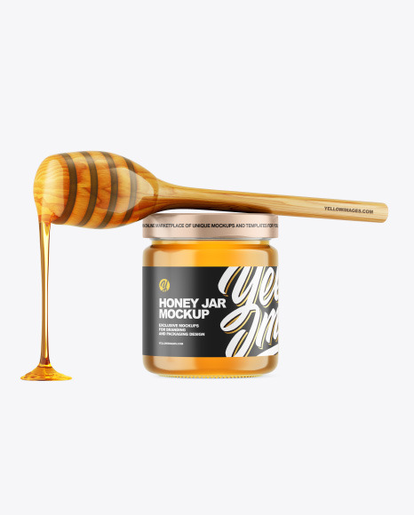 Clear Glass Honey Jar w/ Wooden Dipper Mockup