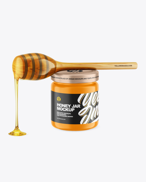 Glossy Honey Jar w/ Wooden Dipper Mockup