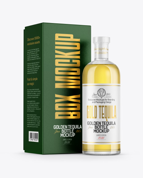 Golden Tequila Bottle with Box Mockup
