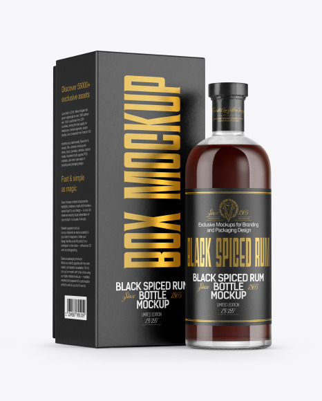 Black Rum Bottle with Box Mockup