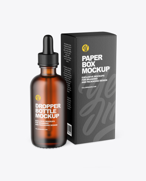 Frosted Amber Glass Dropper Bottle w/ Paper Box Mockup