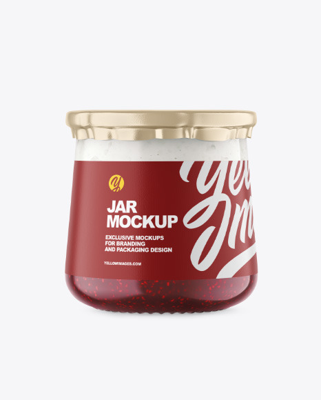 Clear Glass Jar with Yogurt and Raspberry Jam Mockup