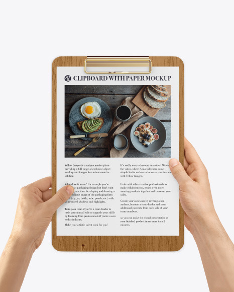 Wooden Clipboard with A4 Paper in Hands Mockup