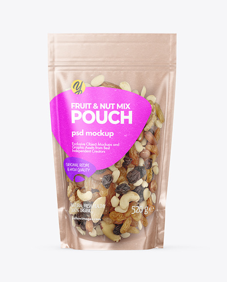 Kraft Stand-up Pouch with Fruit & Nut Mix Mockup