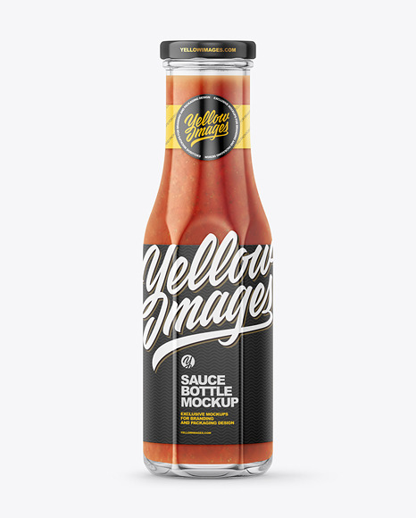 Glass Bottle with Red Sauce and Glossy Label Mockup