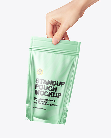 Metallic Stand-up Pouch in a Hand Mockup
